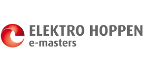 Logo der Elektro Hoppen GmbH: Ein stilisiertes rotes "e", das für "e-Masters" steht, gefolt vom Schriftzug "Elektro Hoppen e-masters"