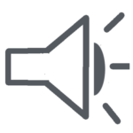 Stilisiertes Bild eines Lautsprechers in dunkelgrau. Die Tonabgabe wird durch drei Striche symbolisiert, die vom Lautsprecher wegführen.